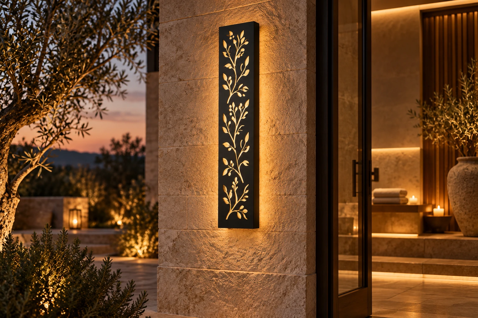 Villa girişinde amber ışıklı antrasit panel
