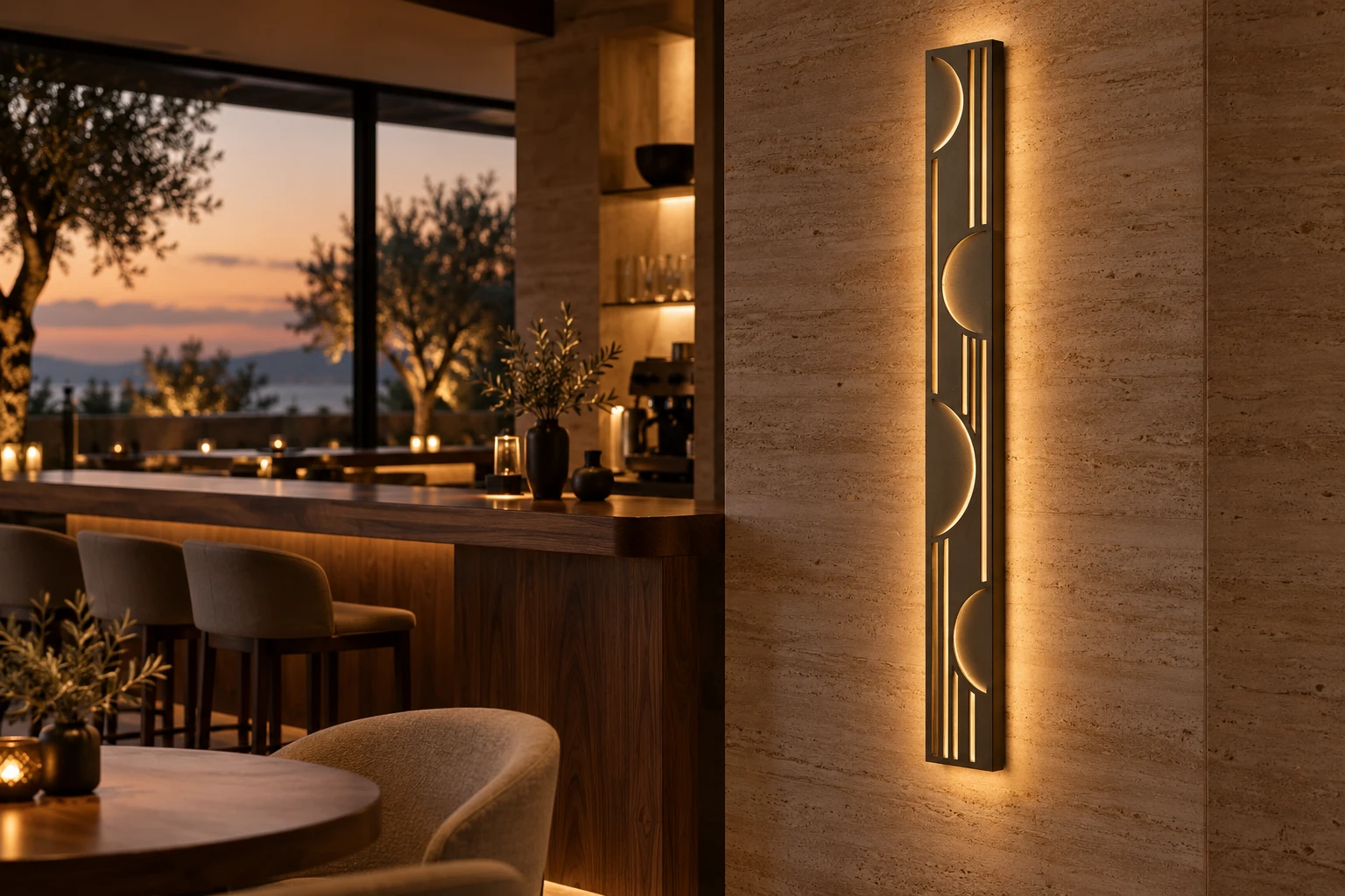 Amber ışıklı geometrik panel ile akşam oturma alanı
