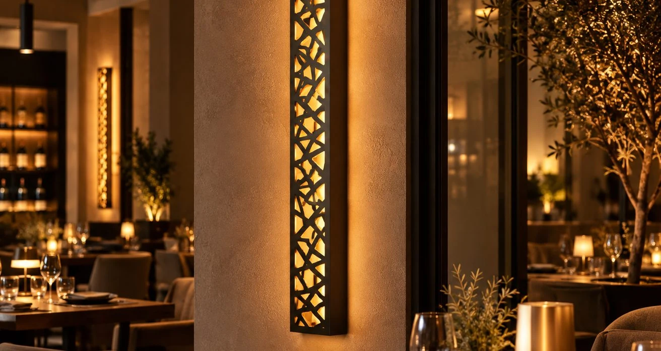 Restoran girişinde ışıklı geometrik panel
