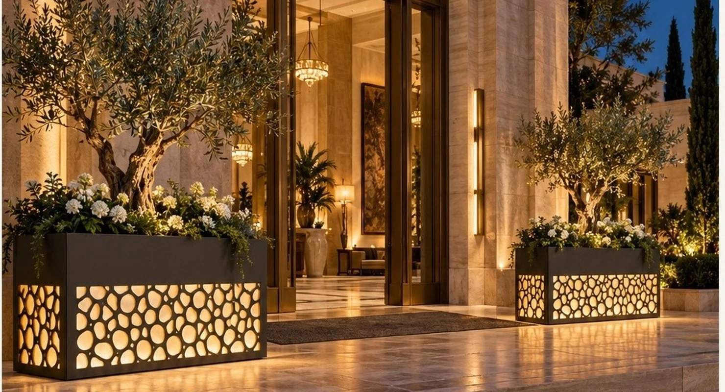 Işıklı saksılarla otel girişinde ve yürüyüş yolunda nasıl bir düzen kurulabilir?