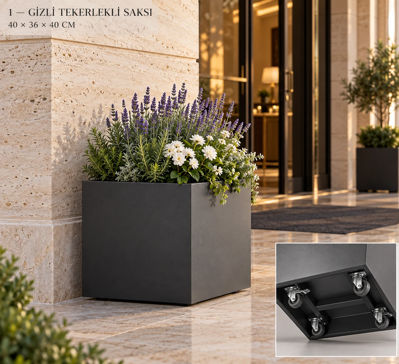 40 × 36 × 40 cm gizli tekerlekli metal saksı ve alt tekerlek yerleşimi