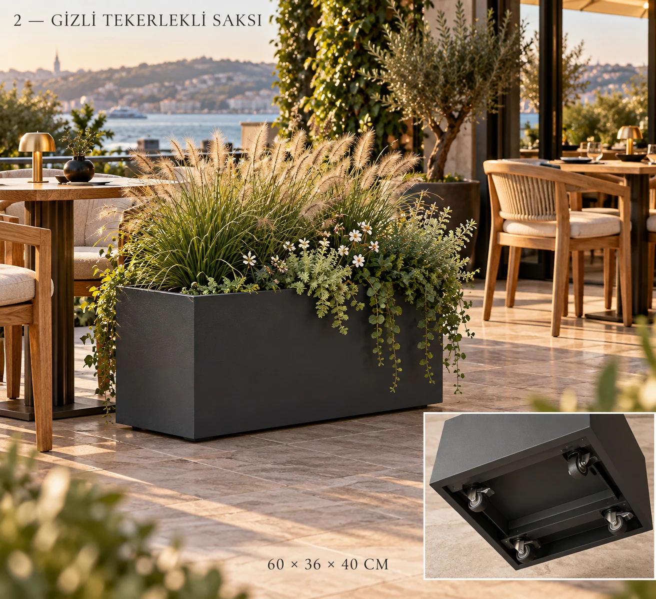 60 × 36 × 40 cm gizli tekerlekli metal saksı ve alt tekerlek yerleşimi