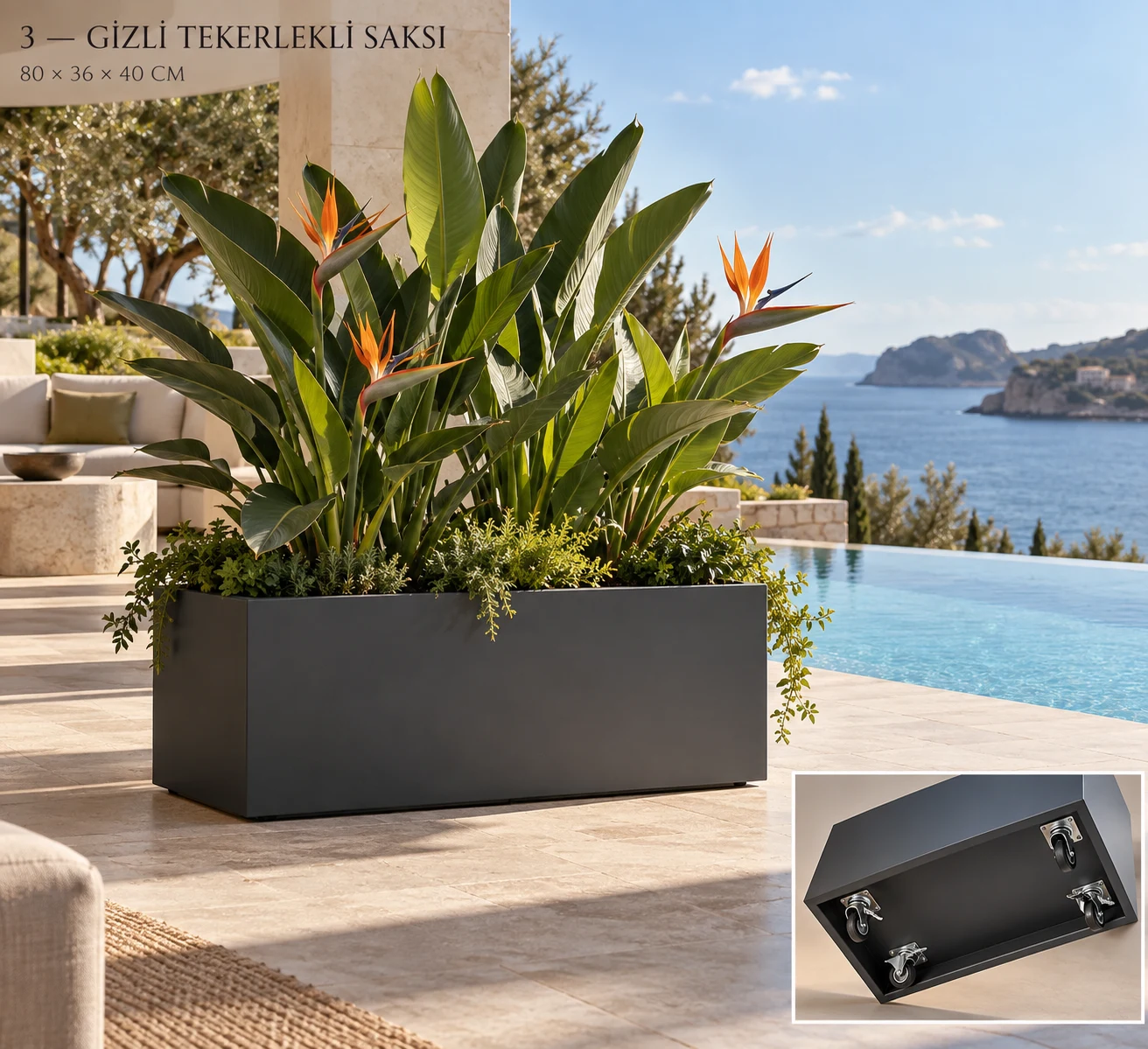 80 × 36 × 40 cm gizli tekerlekli metal saksı ve alt tekerlek yerleşimi
